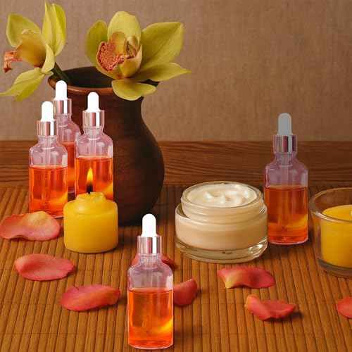 50 Pcs 2 Oz Glass Dropper Bottles with Rose Gold Caps for Essential Oils Perfumes and Cosmetic Liquid Storage Featuring Funnels Droppers and Cleaning Brushes(Pink)
