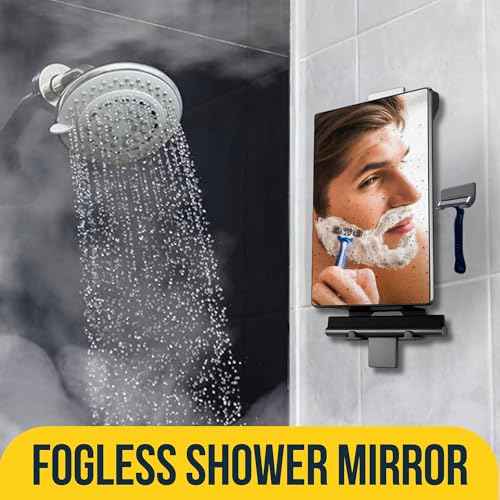 HONEYBULL Fogless Shower Mirror for Shaving ? Anti Fog Mirror for Shower with Water Tank, Adhesive Hook Mount, Bonus Razor Holder & Squeegee ? for Men and Women, Small Bathroom Accessory (Black)