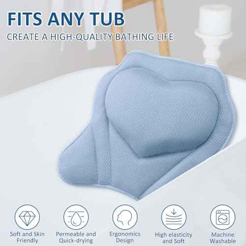 LuxStep Bath Pillow-Bathtub Pillow with Air Mesh Fabric & 6 Non-Slip Suction Cups, Bath Pillows for Tub Head, Neck and Back Support, Bath Accessories Spa Gifts, 17 * 17in, Blue