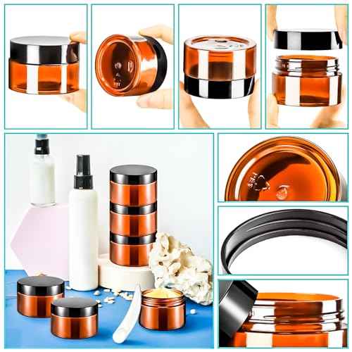 MotBach 20 Pack 1oz Amber Plastic Jars, 30ml Empty Small Round Cosmetic Jars Refillable Makeup Containers Leakproof Travel Cosmetic Containers with Black Lids for Sample Cream Lotion Powder Ointment