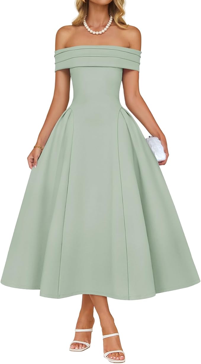 ZESICA Summer 2026 Cocktail Dresses for Women's Off Shoulder Short Sleeve Swing A Line Wedding Evening Party Midi Dress