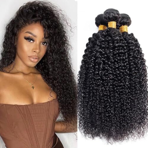 Curly Bundles Human Hair Kinky Curly Human Hair Bundles 100% Unprocessed Brazilian Virgin Hair Quick Weave Curly Hair Bundles Extensions for Women Double Weft 16 16 16 Inch Natural Black