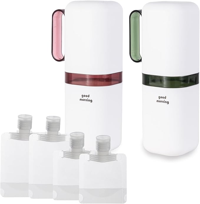 Travel Toothbrush Holder,Toothbrush Holder and Rinse Cup with Handle Toothbrush Travel Case and Portable Travel Pouches for Toiletries Set (Green+Purple+4pc Bag)