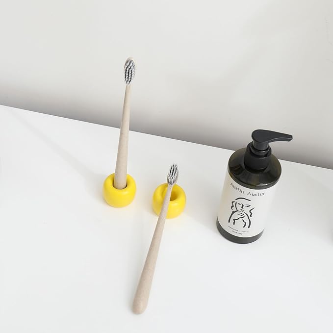 AirMoon Mini Ceramic Toothbrush Holder for Bathroom - Yellow Small Countertop Organizer, Easy Clean Toothbrush Stand, Suit for Electric Toothbrush Head, Pens & Coffee Spoon, Pack of 2