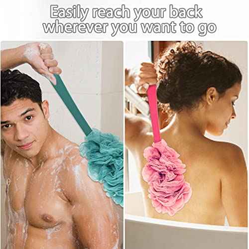2Pack Back Scrubber for Shower, Loofah Sponge Brush Exfoliating Body, Long Handle Scrub Brush for Shower with Loofah on a Stick for Back Use, Bathing Accessories Body Brushes (2Pack)