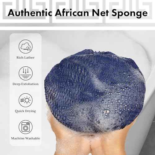 African Net Sponge Authentic with Handles (Set of 2), African Exfoliating Net Sponge, Exfoliating Body Scrubber Bath Sponge - Bathing Accessories with Storage Bag (Blue & Black)