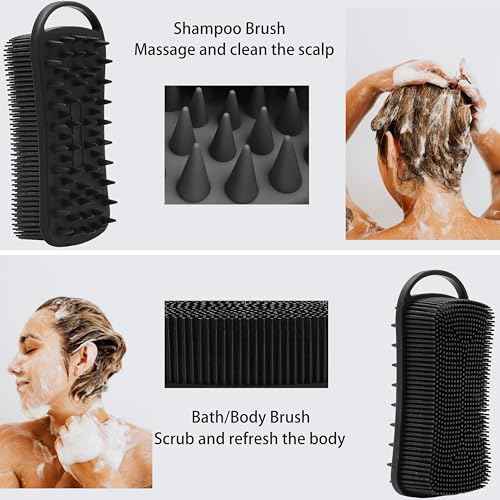 2 PC Silicone Body Scrubber, 2 in 1 Exfoliating Shower Bath Scrubber, Soft Silicone Loofah for Sensitive Skin, Shower Hair Scalp Massager, Easy to Clean, Lather Well (Grey&Black)