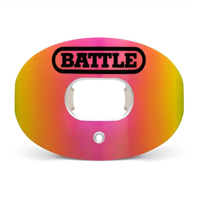 Battle Sports Iridescent Oxygen Football Mouthguard - Football Mouth Guard with Strap, Superior Airflow, Better Performance, Maximum Protection and Breathability, Works with Braces - Chrome Yellow/Red