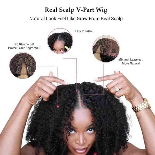 Meadow hair Afro Kinky Curly V Part Wig Human Hair Brazilian Virgin Upgrade U Part Wigs Glueless Afro Curly 180 Density Vpart Wig No Leave Out For Black Women 14Inch