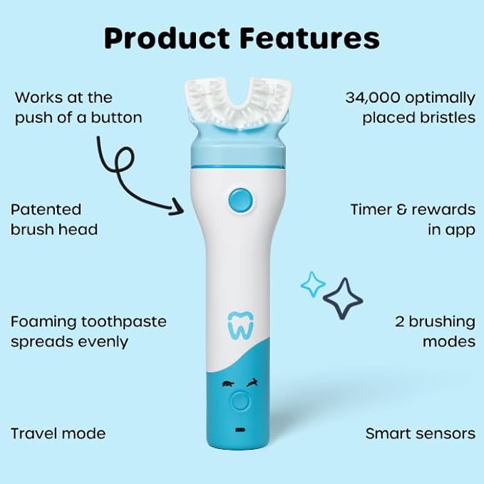 Willo BrushBot Kids U-Shaped Toothbrush Starter Kit – Rechargeable, Smart Electric Toothbrush for Kids Ages 5-7 w/App, Soft Bristles, Plaque Removal, Gentle & Deep Clean Modes | Small Berry Splash