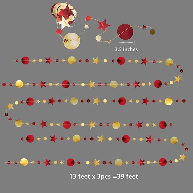 Cheerland Maroon Gold Party Decorations Red Gold Scarlet Star Circle Garland Hanging Dots Streamer for Valentines Day Chinese New Year Graduation Birthday Anniversary Wedding Bridal Shower Party