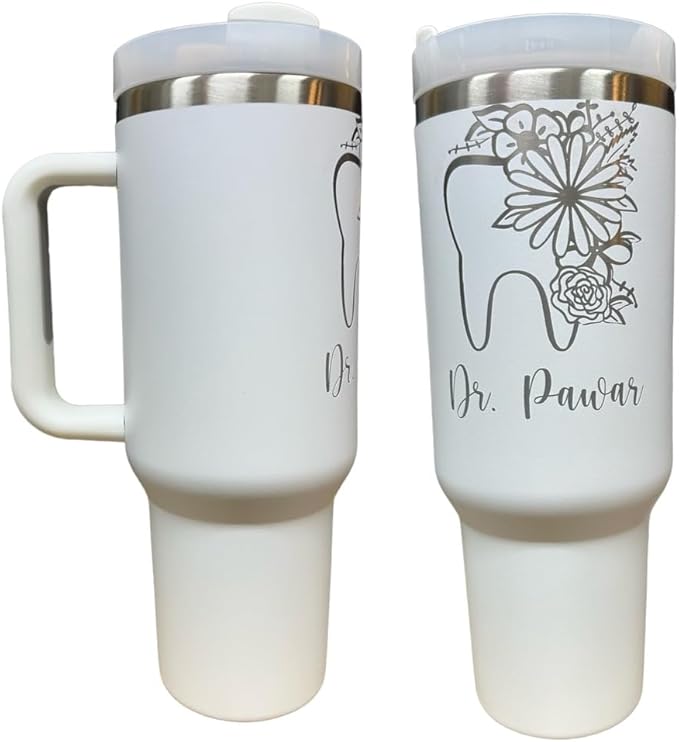 Dental hyginiest tumbler 40oz tumbler Tooth tumbler Dental water bottle Gift for dentist Gift for dental hyginiest Office gift (White(3)-floral tooth(A22- Personalized))