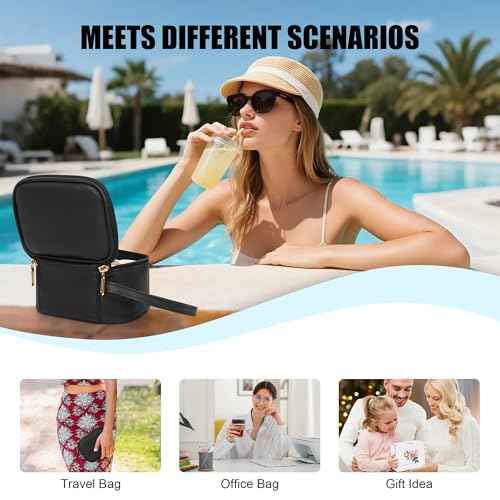 Relavel Mini Makeup Bag with Led Mirror, Small Cosmetic Bag with 3 Light Modes, Rechargeable Portable Makeup Pouch with Hands-Free Wrist Strap for Pool Parties?Work Touch-Ups?Travel - Black