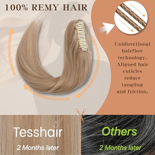 Claw Clip In Ponytail Extension, 100% Human Hair Ponytail Extension, No Tangle & Smooth, 105g, 16 Inch #Blonde & Bleach Blonde