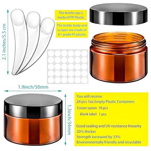 MotBach 20 Pack 1oz Amber Plastic Jars, 30ml Empty Small Round Cosmetic Jars Refillable Makeup Containers Leakproof Travel Cosmetic Containers with Black Lids for Sample Cream Lotion Powder Ointment