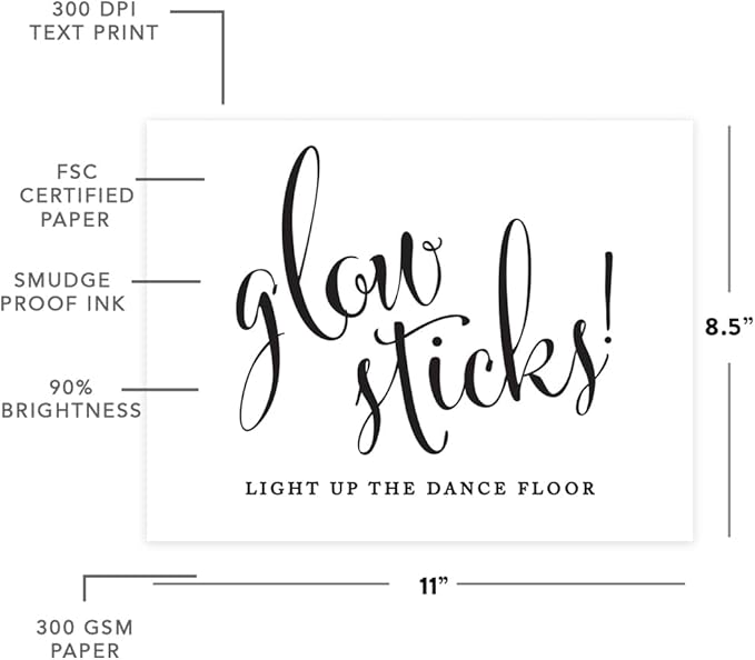 Andaz Press Wedding Party Signs, Formal Black and White, 8.5-inch x 11-inch, Glow Sticks Light Up the Dance Floor, 1-Pack