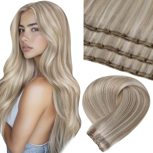 LaaVoo Hair Beaded Weft Hair Extensions Real Human Hair Beaded Weft Hair Extensions Human Hair Blonde Highlighted 22inch 50g