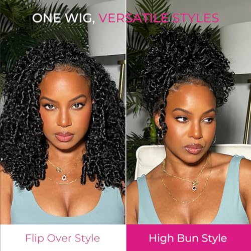 Half Wig Human Hair 3 In 1 Special Curly Half Wigs for Black Women 200% Density Wear and Go Glueless Wig Drawstring Ponytail Seamless Flip Over No Lace Headband Wig Beginner Friendly 16 Inch