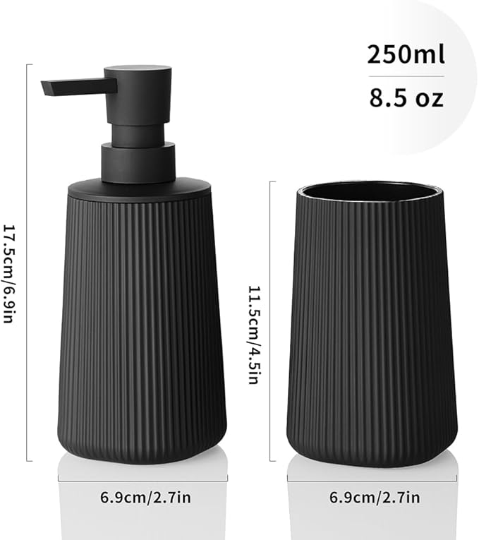 Bathroom Accessories 2 Piece Soap Dispenser and Toothbrush Holder Set Striped Black