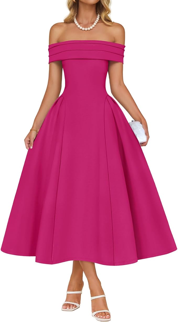 ZESICA Summer 2026 Cocktail Dresses for Women's Off Shoulder Short Sleeve Swing A Line Wedding Evening Party Midi Dress
