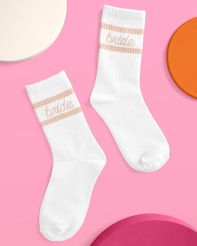 xo, Fetti Bride Socks, White + Tan | Bride To Be Gift, Bachelorette Party Favor, Bach Party Decorations, Wedding Day Sandals, Bridesmaid Gift, Bridal Shower Party Favor
