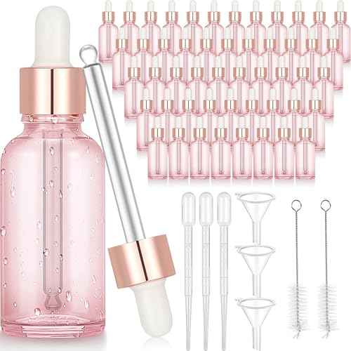 50 Pcs 2 Oz Glass Dropper Bottles with Rose Gold Caps for Essential Oils Perfumes and Cosmetic Liquid Storage Featuring Funnels Droppers and Cleaning Brushes(Pink)