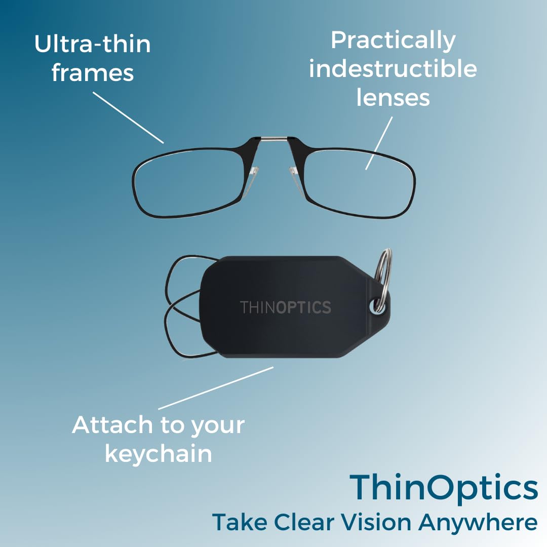 Always With You by ThinOptics Keychain Reading Glasses - Slim, Folding Armless Pocket Readers with Protective Keychain Case - Lightweight, Durable & Convenient - Silver, Clear 2.5x