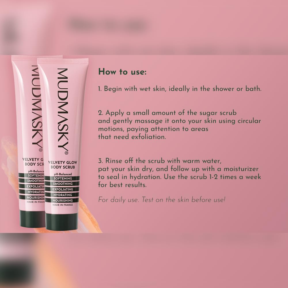 Mudmasky Velvety Glow Body Scrub 6.0 OZ. XXL-size - AS SEEN IN YOUR IPSY GLAM BAG - Exfoliating Bamboo Scrub. Made in France. No harsh chemicals. For Soft, Radiant Skin.