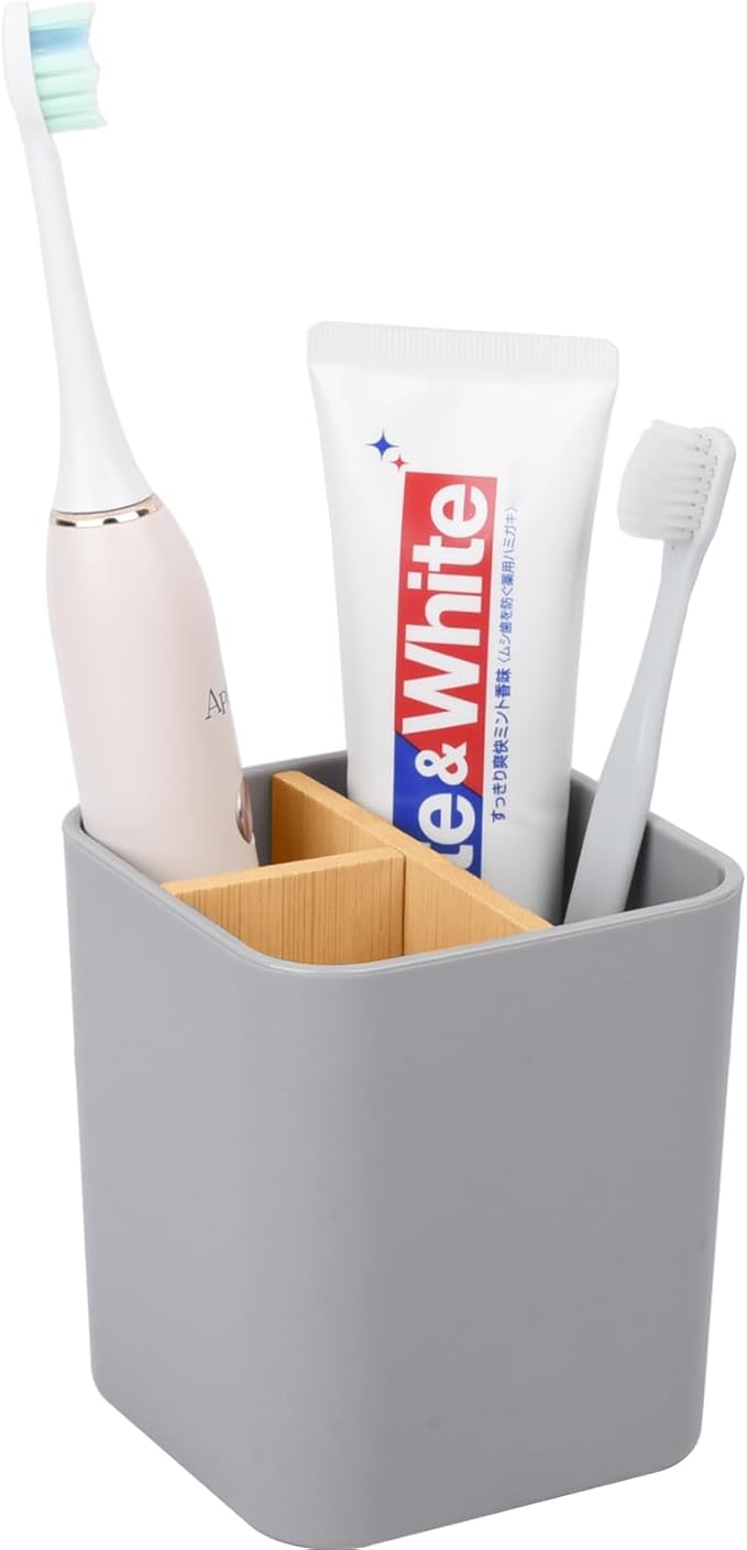 Bamboo Toothbrush Holder for Bathrooms, 3 Slots Toothbrush and Toothpaste Holder Bathroom Counter Organizer for Electric Toothbrushes, Floss, Razors - Gray