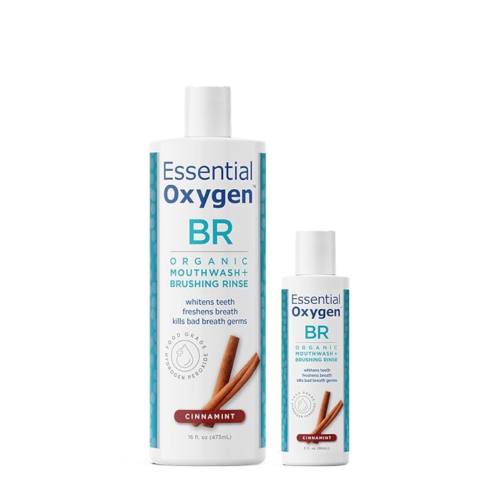 Essential Oxygen BR Certified Organic Brushing Rinse, All Natural Mouthwash for Whiter Teeth, Fresher Breath, and Happier Gums, Alcohol-Free Oral Care, Cinnamint, 2 Piece Set, 16 Oz