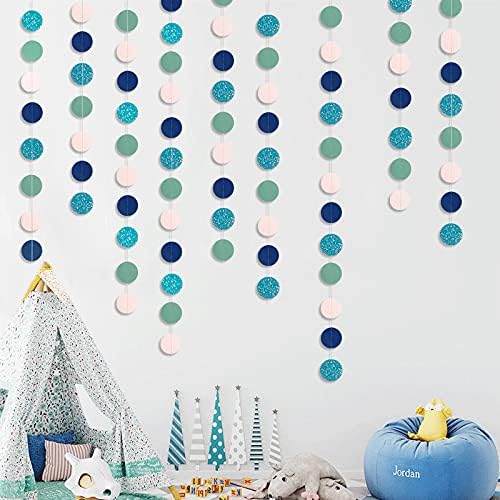 JEYE Blue Green Pink Paper Garland Circle Dot Party Garland Banner Streamer Backdrop Hanging Decorations, 2" in Diameter, Pack of 2, 26 Feet in Total