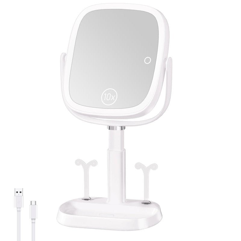 FRANO Vanity Mirror with Lights, Rectangular Lighted Makeup Mirror with 3 Color Lights, 1X/10X Magnification, Adjustable Height, 360° Rotation, 4000mAh Rechargeable for Desk, Gifts for Women
