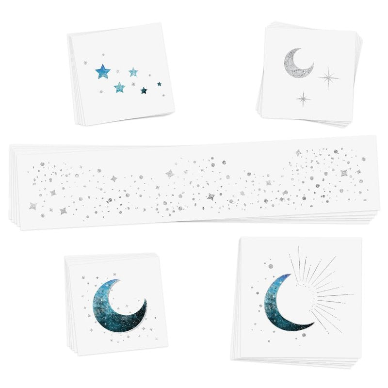 Flash Tattoos MOONLIGHT Silver Glitter Face Freckles and Body Tattoos – 25 Premium Celestial Magic Metallic Patches with Cosmic Stars & Moons - Festival & Concert Makeup, Parties, Face Gem Beauty