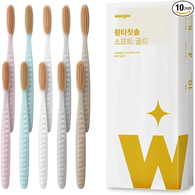 WANGTA Gold – Extra Soft Extra Large Toothbrush – 1.6 inch (4 cm) Wide Head | 4,000 Ultra-Fine Bristles for Sensitive Gums | Premium Korean Toothbrush (10 Pack)