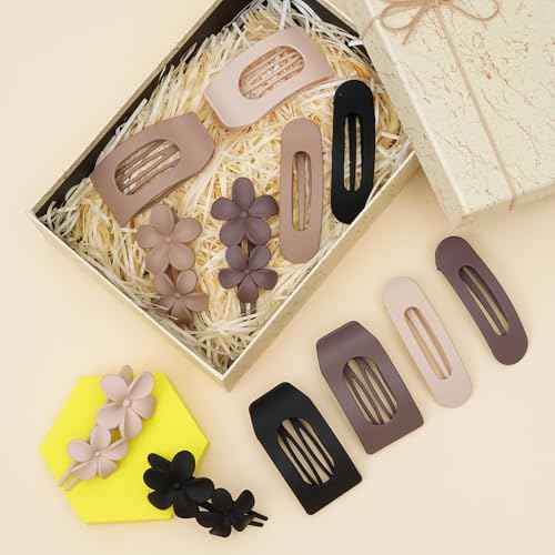 12 Pack Flat Hair Clips for Women ? Matte Neutral Square Claw Clips, Flat Barrettes & Flower Pins in Black, Blonde,Light Brown & Dark Brown, Soft Touch Hair Accessories for Thick & Thin Hair