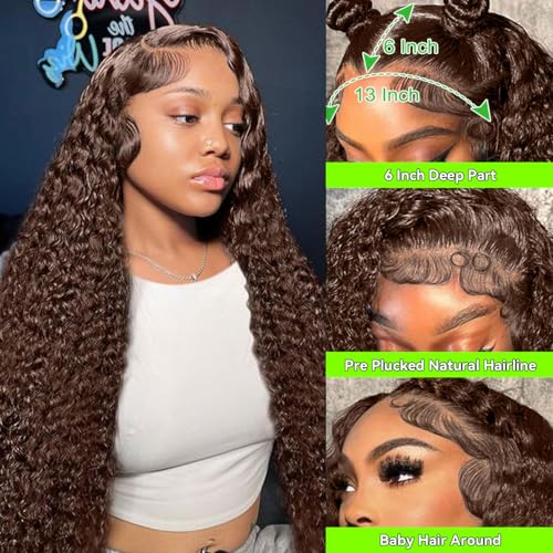 Chocolate Brown Lace Front Wig Human Hair 13x6 HD Deep Wave Lace Front Wigs Human Hair Colored Deep Curly Lace Frontal Wigs Glueless Wig for Woman Pre Plucked 22 Inch