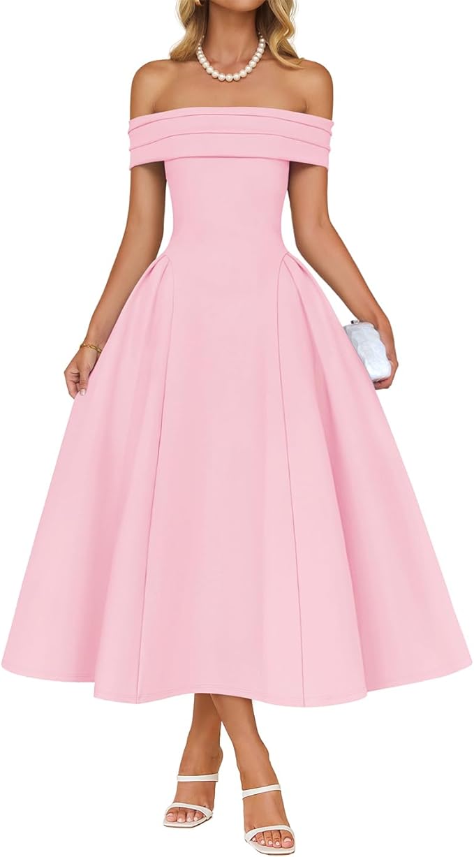 ZESICA Summer 2026 Cocktail Dresses for Women's Off Shoulder Short Sleeve Swing A Line Wedding Evening Party Midi Dress