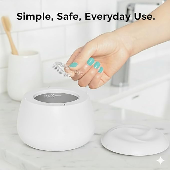 FIONA JAMES 48kHz Ultrasonic Retainer Cleaner with UV | Professional Sonic Dental Cleaning Pod for Aligner, Night Guard, Denture & Jewelry | White