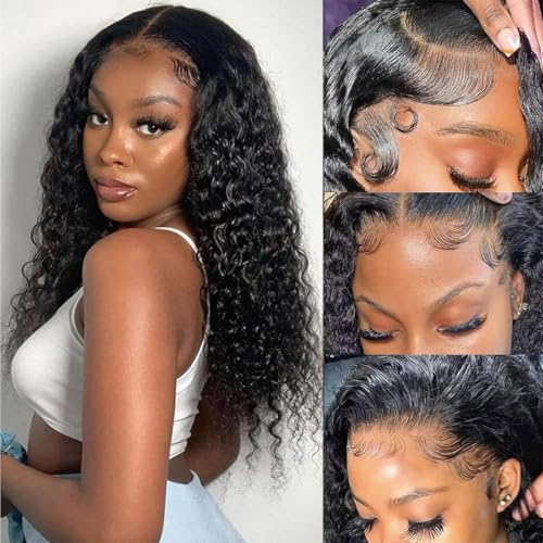 Water Wave Lace Front Wigs Human Hair Pre Plucked 200% Density Deep Curly Wet and Wavy Human Hair Deep Wave13x4 Hd Lace Frontal Wigs for Black Women Glueless Wig 18 INCH Natural Black