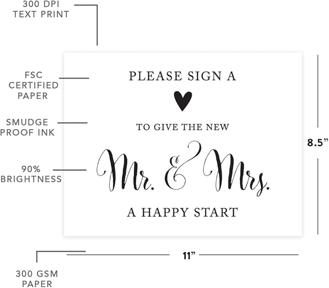 Andaz Press Wedding Party Signs, Formal Black and White Print, 8.5x11-inch, Please Sign a Heart to Give the New Mr. & Mrs. a Happy Start Table Sign, 1-Pack
