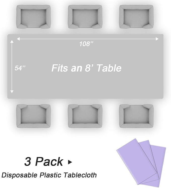 QIKSION Lavender Plastic Table Cloth Disposable 3 Pack, 54 x 108 Inch Tablecloths for Birthday Party Supplies, Easter Decorations, Light Purple, Pastel, Lilac Rectangle Table Cover