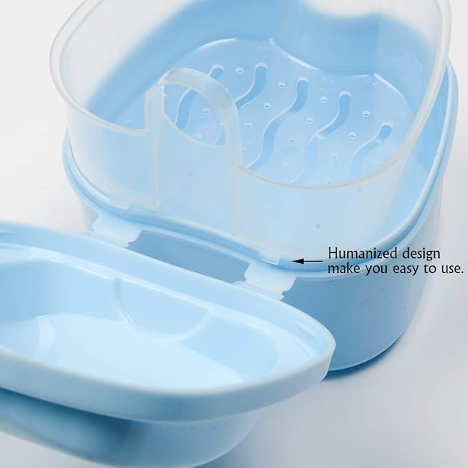 Coolrunner Denture Case, Denture Cup with Strainer, Denture Bath Box False Teeth Storage Box with Basket Net Container Holder for Travel, Retainer Cleaning