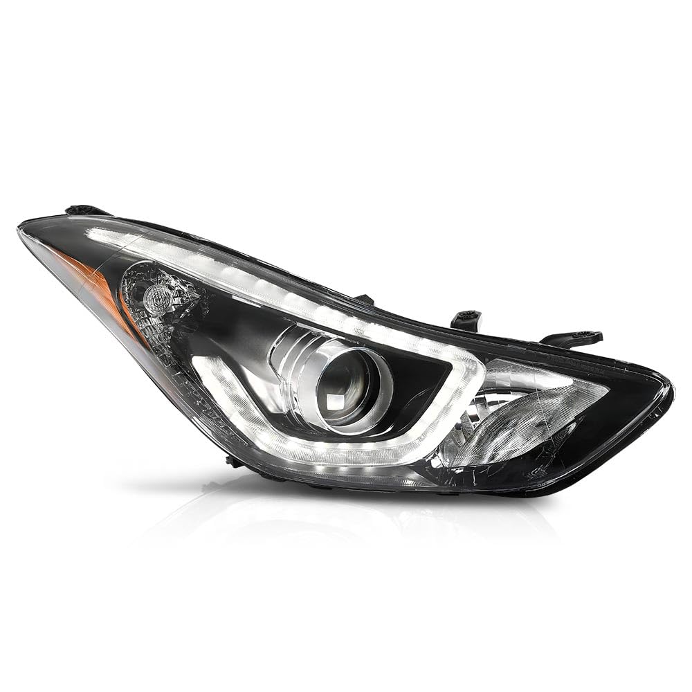 G-PLUS Headlight DRL LED Projector Right Passenger Compatible with Hyundai Elantra 2014-2016 Clear Lens Black Housing Amber Refl