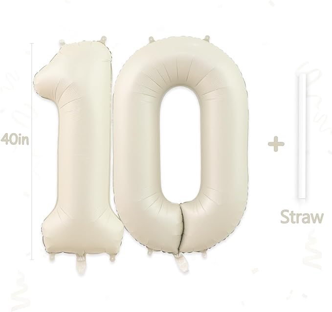 10 Balloon, Number 10 Balloons, Number Balloons 40 Inch, Sand White Large Big Foil Number Balloons for Birthday Party Graduation Wedding Anniversary Baby Shower Bachelorette Decoration Supplies