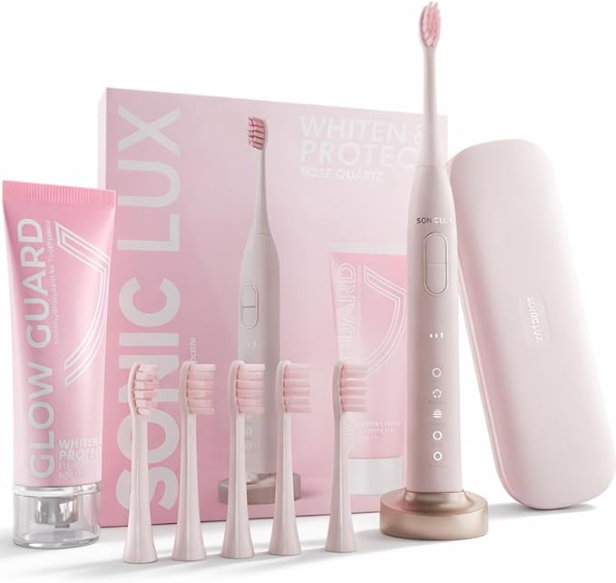 SMILE NOVA Sonic Lux™ Pink Electric Toothbrush for Adults – Luxury Rechargeable Sonic Electric Toothbrush with GlowGuard Nano-Hydroxyapatite Whitening Toothpaste & 6 Brush Heads