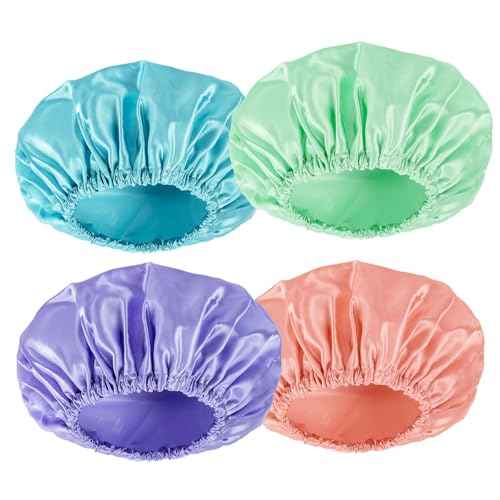 AmazerBathShower Cap, 4 PCS Shower Caps for Women Reusable Waterproof, Double Layers Hair Cap for Shower, Elastic and Flexi Bath Caps, Environmental Protection Bathing Hat for Adult Kids