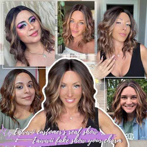 Brown Highlight Short Wavy Wig for Women Lace Hairline Bob Style Synthetic Heat Resistant - Natural Appearance for Everyday Hairstyle 14 Inch