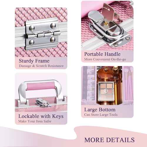 Frenessa Makeup Case Makeup Box Cosmetic Organizer Case Portable Make Up Artist Travel Case Storage Box 4 Trays with Dividers Lockable Hard Train Case Nail Tech Supply Storage Mermaid Pink