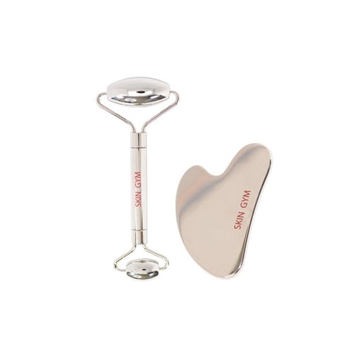 Skin Gym Silver Facial Roller and Gua Sha Tool Workout Skin Care Set for Wrinkles and Fine Lines - Anti Aging Face Lift Beauty Tool - Improve Skin Appearance and Achieve Radiant Glow