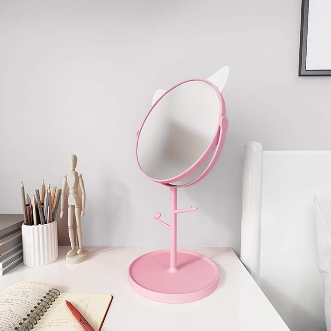 Desk Mirror in Cute Cat Ears Shape-Kawaii &Vanity Mirror for You in Bathroom or Bedroom- Pink